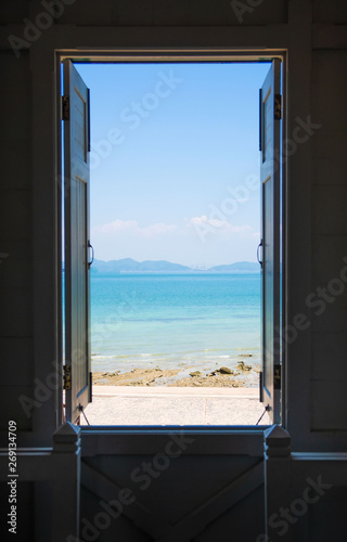 open the window ,blue sea ,blue sky , view background .Summer, Travel, Vacation and Holiday concept .