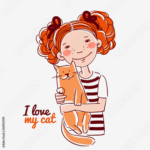 Portrait of a cute girl with a cat. Child and Pet