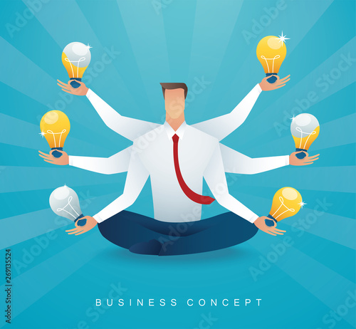 businessman sitting in lotus pose meditation with light bulb. concept of creative thinking. vector illustration EPS10