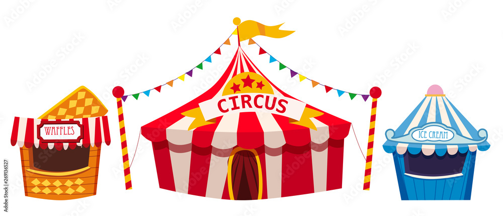 Amusement park, a landscape with a circus, carnival, attraction and entertainment, ice cream stall, waffles Amusement park, a landscape with a circus, carnival, attraction and entertainment, ice cream stall, waffles