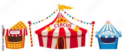 Amusement park, a landscape with a circus, carnival, attraction and entertainment, ice cream stall, waffles