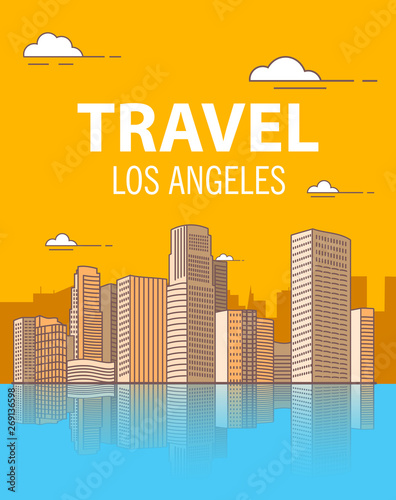 Los angeles downtown buildings skyscrapers.Coastal city. A poster for travel.American landscape.United States in flat style a vector. 