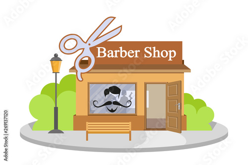 Vector image barbershop. Facade of barbershop isolated on white background. Barber house. Cuts hair building. Barbershop emblem. Vector graphics to design