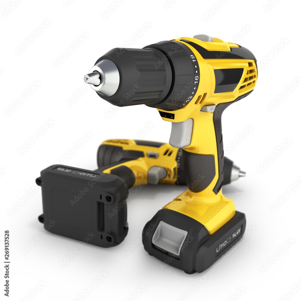 Cordless screwdriver with a drill isolated on white background 3d with blur