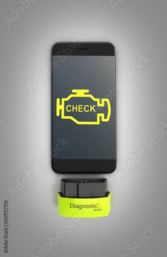 Car diagnostic concept Close up of OBD2 wireless scanner with smartphone on gray gradeient background 3d illustration photo