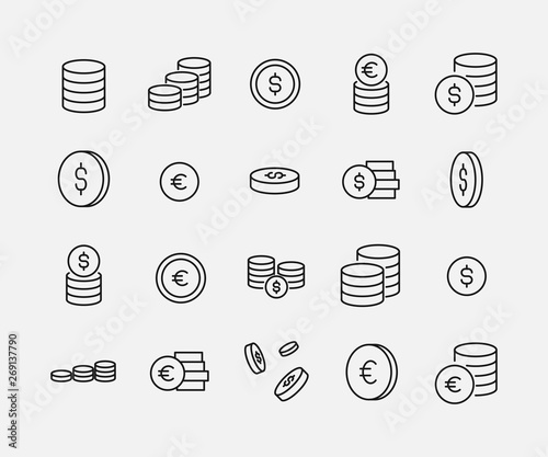 Coin related vector icon set.