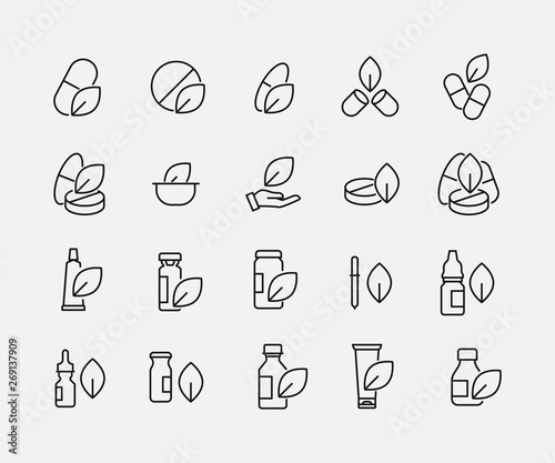Simple set of alternative medicine related outline icons.