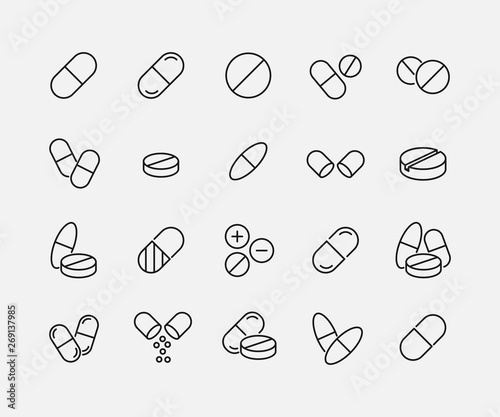 Premium set of pills line icons