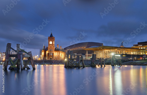 Cardiff Bay at Night with the Senedd, Pierhead Building and Millenium Centre photo