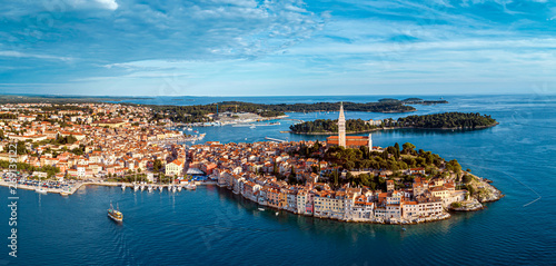 Beautiful Rovinj - aerial view panorama taken by a professional drone from above the sea. The old town of Rovinj, Istria, Croatia