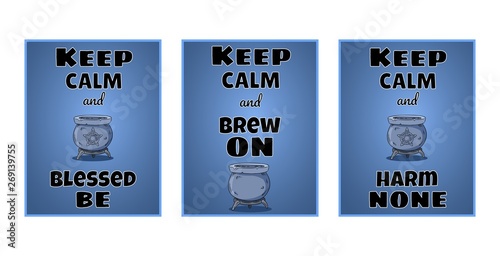 Keep calm wiccan posters set. Witchcraft postcards designs with magic cauldron