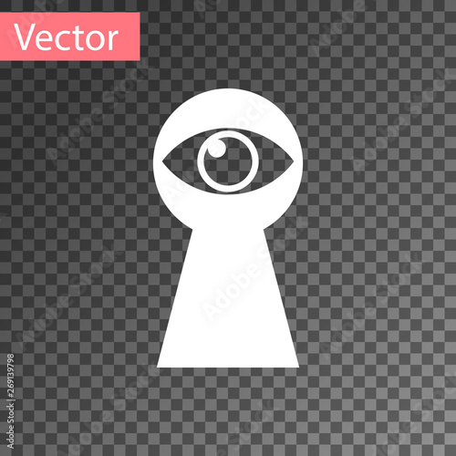 White Keyhole with eye icon isolated on transparent background. The eye looks into the keyhole. Keyhole eye hole. Vector Illustration