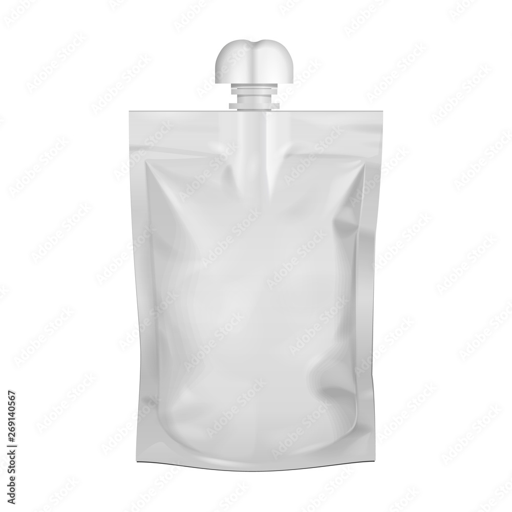 Mockup Pouch Sachet Bag With Spout Lid. Blank Food Stand Up Flexible. Mock Up, Template. Illustration Isolated On White Background. Ready For Your Design. Product Packaging. Vector EPS10 Mockup Pouch Sachet Bag With Spout Lid. Blank Food Stand Up Flexible. Mock Up, Template. Illustration Isolated On White Background. Ready For Your Design. Product Packaging. Vector EPS10