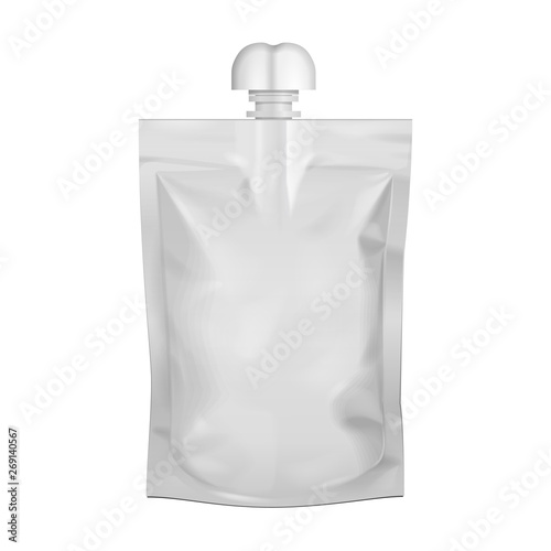 Mockup Pouch Sachet Bag With Spout Lid. Blank Food Stand Up Flexible. Mock Up, Template. Illustration Isolated On White Background. Ready For Your Design. Product Packaging. Vector EPS10