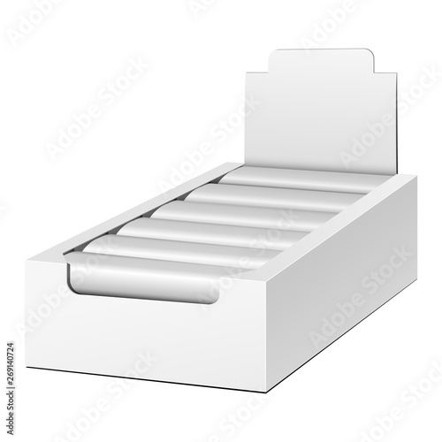 Mockup Display Holder Box Cardboard Filled Blank Empty. Chocolate, Protein Bar. Mock Up, Template. Products On White Background Isolated. Ready For Your Design. Mockup Product Packing. Vector EPS10