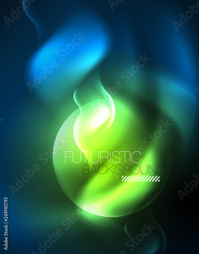 Neon glowing wave lines, blue hi-tech futuristic abstract background template