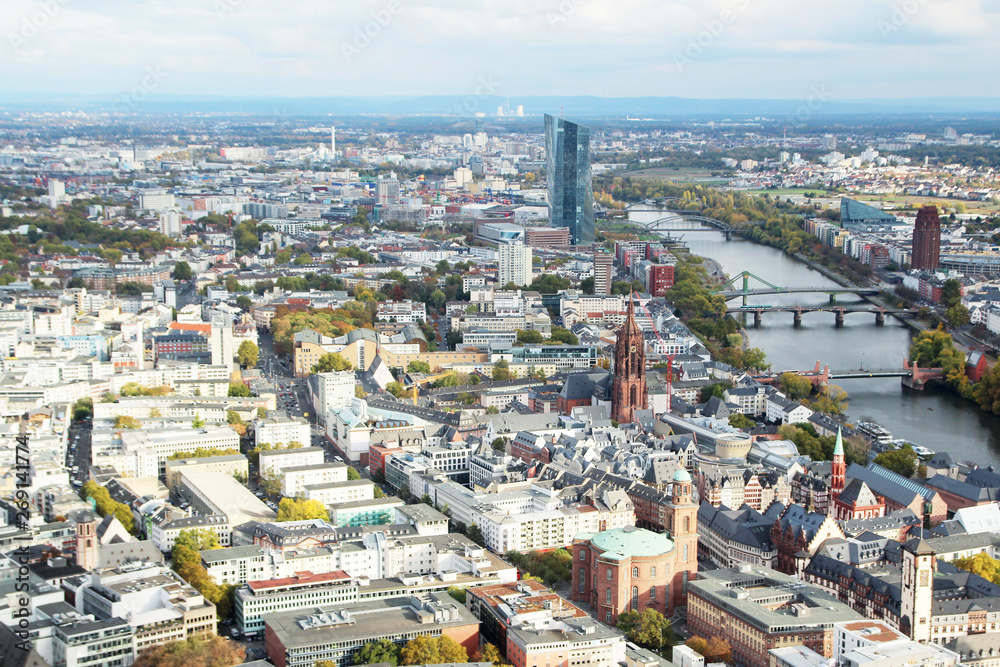 Panoramic view from observation point from Main Tower to Frankfurt and suburbans, Germany	