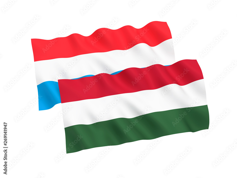 National fabric flags of Hungary and Luxembourg isolated on white background. 3d rendering illustration. 1 to 2 proportion. National fabric flags of Hungary and Luxembourg isolated on white background. 3d rendering illustration. 1 to 2 proportion.