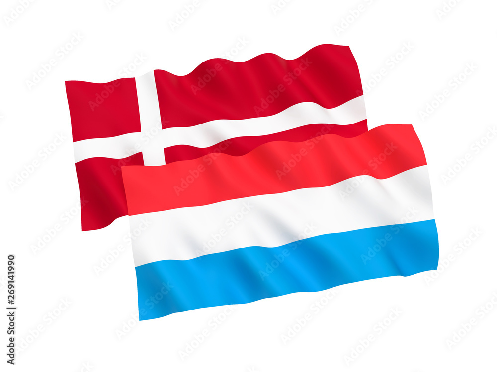 National fabric flags of Luxembourg and Denmark isolated on white background. 3d rendering illustration. 1 to 2 proportion.