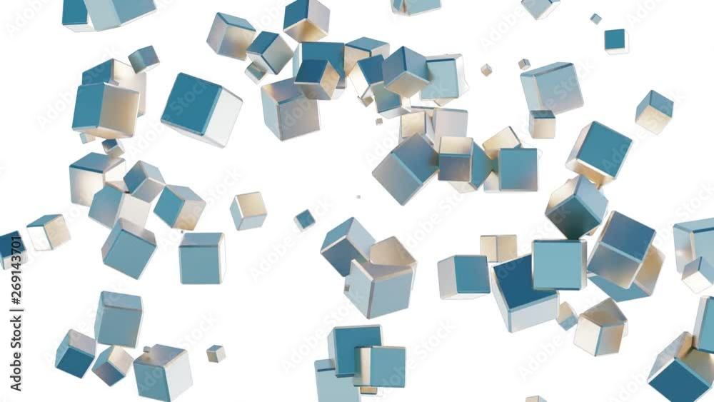 Mess of many golden and blue flying cubes which disappear Mess of many golden and blue flying cubes which disappear