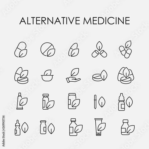 Simple set of alternative medicine related outline icons.