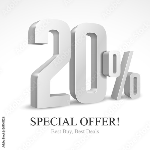 20 Off Special Offer Silver 3D Digits Banner, Template Twenty Percent. Sale, Discount. Grayscale, Metal, Gray, Glossy Numbers. Illustration Isolated On White Background. Ready For Your Design. Vector