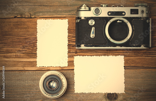 two retro photo, vintage camera and lens