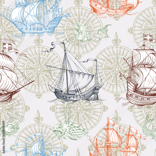 Old caravel, vintage sailboat, sea monster. Vector seamless pattern