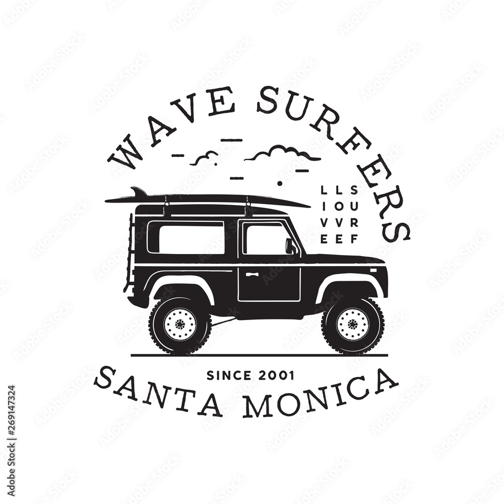 Vintage surf logo print design for t-shirt and other uses. Wave Surfers typography quote calligraphy and van icon. Unusual hand drawn surfing graphic patch emblem. Stock vector