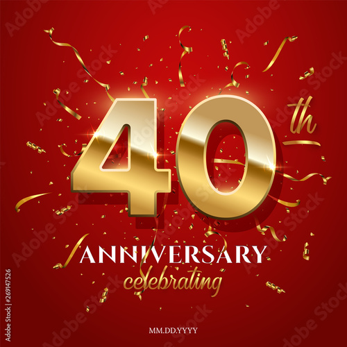 40 golden numbers and Anniversary Celebrating text with golden serpentine and confetti on red background. Vector fortieth anniversary celebration event square template.