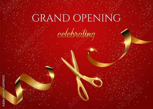 Grand opening invitation red vector banner. Shiny scissors cutting golden ribbon