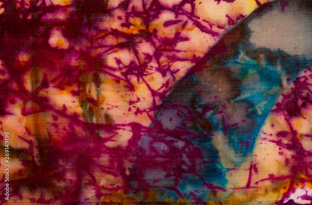 Colorful abstraction, fragment, hot batik, handmade abstract surrealism art on silk, background texture