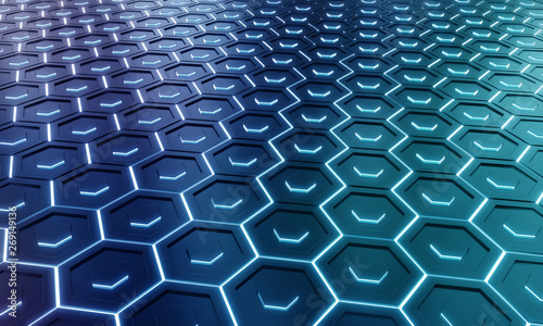 Glowing black and blue hexagons background pattern on silver metal surface 3D rendering