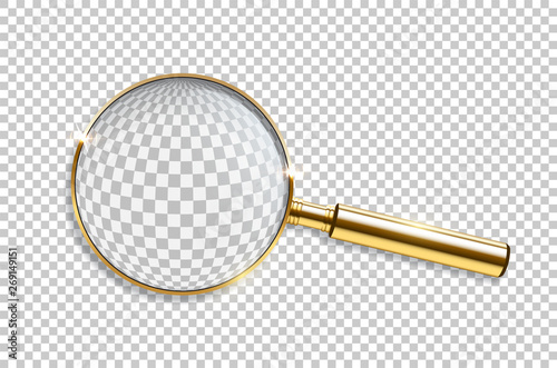 Vector realistic golden magnifier isolated on transparent background.