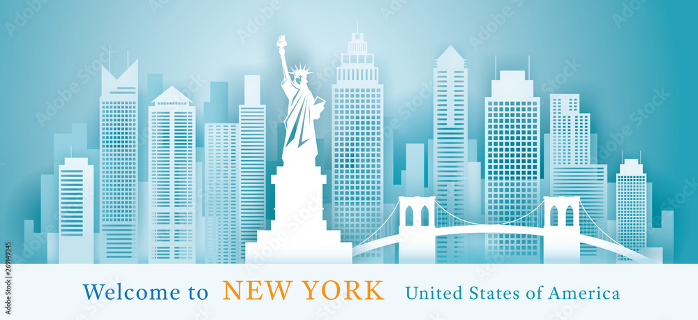 New York Landmarks Skyline Background, Paper Cutting Style