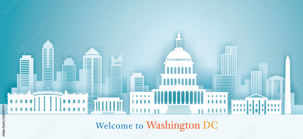 Washington DC, Landmarks Skyline Background, Paper Cutting Style