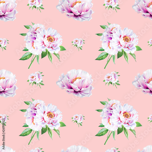 Beautiful white peony seamless pattern. Bouquet of flowers. Floral texture. Marker drawing. Watercolor painting. Wedding and birthday composition.  Flower painted background. Hand drawn illustration. © Diana