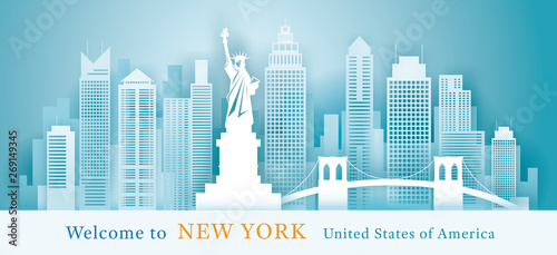 New York Landmarks Skyline Background  Paper Cutting Style