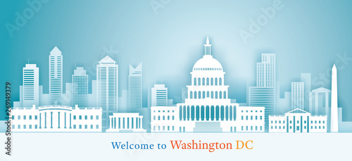 Washington DC, Landmarks Skyline Background, Paper Cutting Style