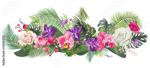 Floral tropical horizontal border: orchids, roses, carnations, red, purple flowers, leaves of coconut palm, twigs, berries on white background. Digital draw, watercolor style, panoramic view, vector