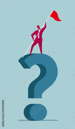 The businessman occupied the top of the question mark. Isolated on blue background.