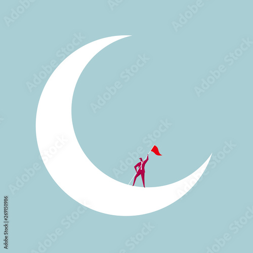 Businessman boarded the moon. Isolated on blue background.