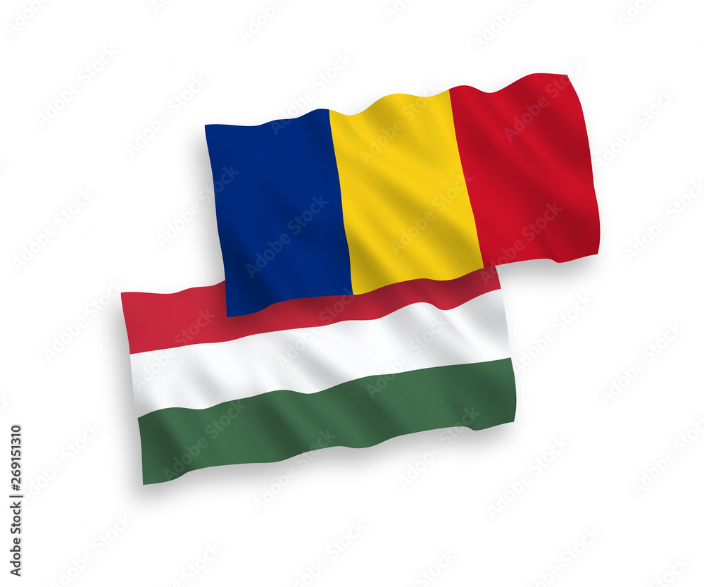National vector fabric wave flags of Romania and Hungary isolated on white background. 1 to 2 proportion.