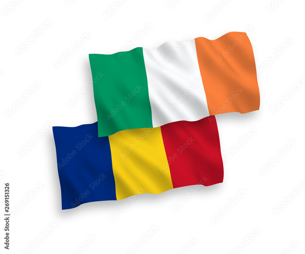 Fototapeta premium National vector fabric wave flags of Ireland and Romania isolated on white background. 1 to 2 proportion.