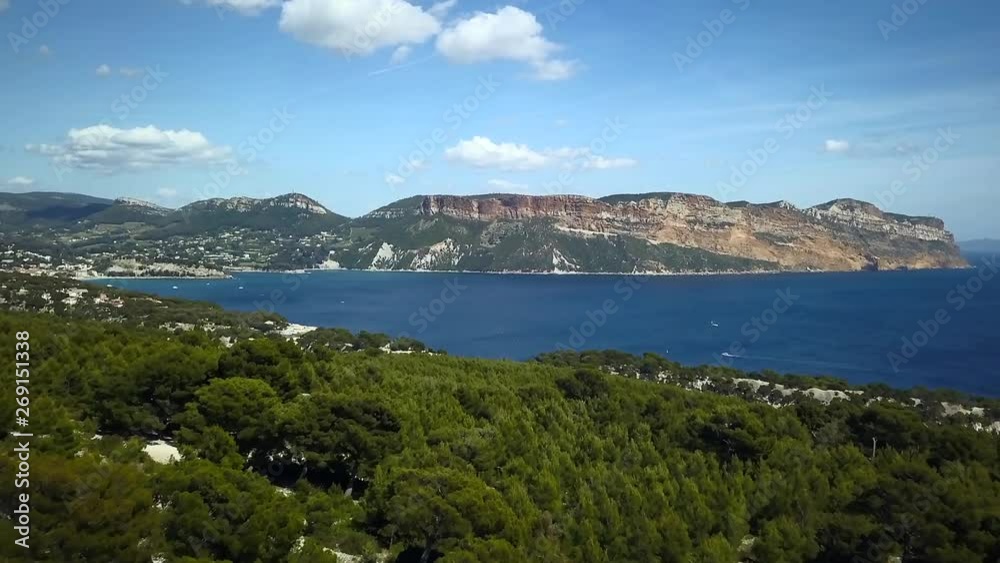 Cap Canaille and Cassis from west. Aerial reveal over calanque de Port Miou Cap Canaille and Cassis from west. Aerial reveal over calanque de Port Miou