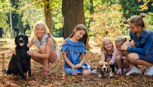 Pretty blond girls sitting together with retriever and beagle dogs in a sunshine autumn park