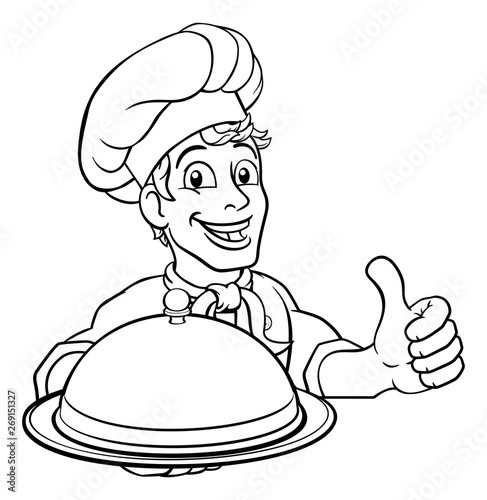 A chef holding a silver plate or platter domed cloche of food peeking over a sign and giving a thumbs up cartoon.
