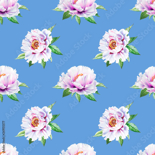 Beautiful white peony seamless pattern. Bouquet of flowers. Floral texture. Marker drawing. Watercolor painting. Wedding and birthday composition.  Flower painted background. Hand drawn illustration.