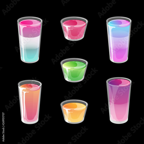 Set of cocktail jelly shots. Bright multicolored gradient jelly in glossy cartoon style. Vector illustration isolated on black background.