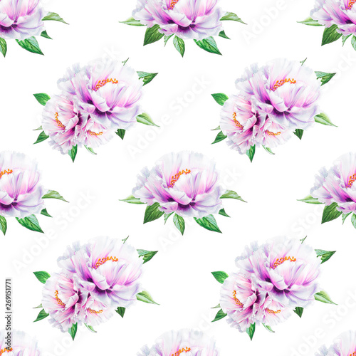 Beautiful white peony seamless pattern. Bouquet of flowers. Floral texture. Marker drawing. Watercolor painting. Wedding and birthday composition.  Flower painted background. Hand drawn illustration. © Diana